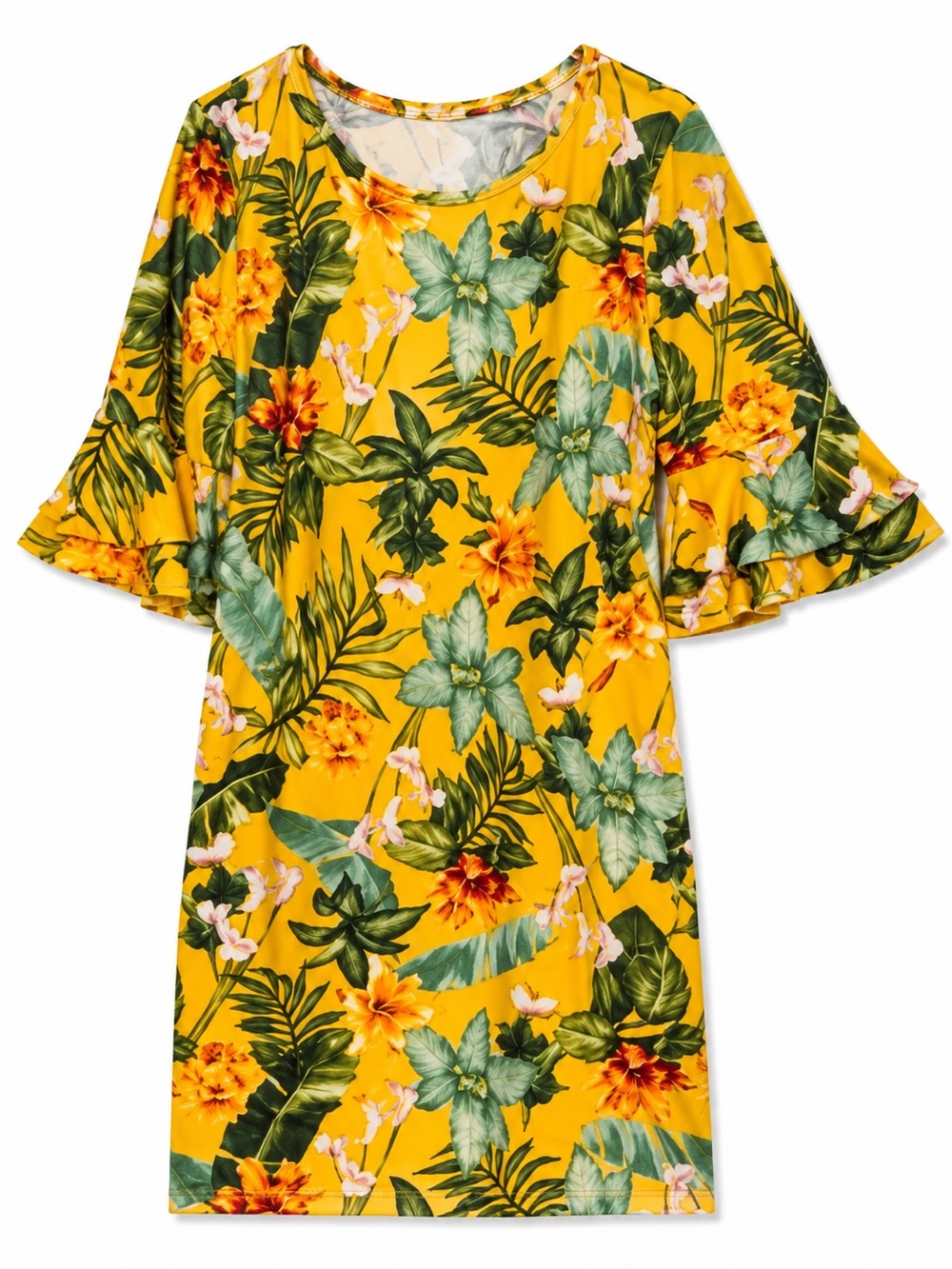 Yellow Tropical Print Mini Dress with Ruffle Sleeves